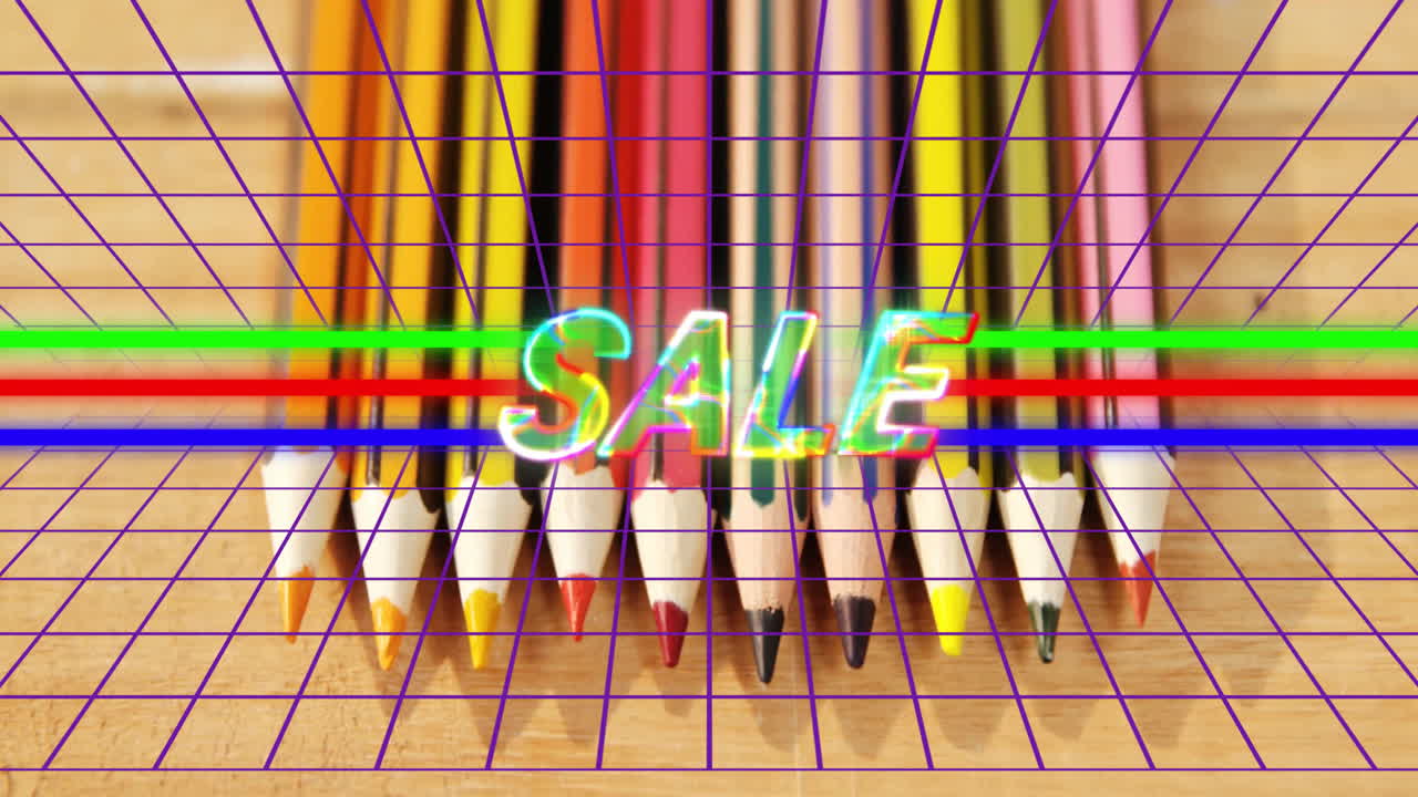 Colored pencils showing neon-glitch SALE text floating above tips, 3D grid overlay animating scene
