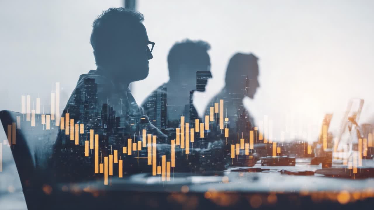 Professionals Analyzing Financial Trends: A Dynamic Visual Representation of Market Insights and Data Interpretation in a Corporate Environment