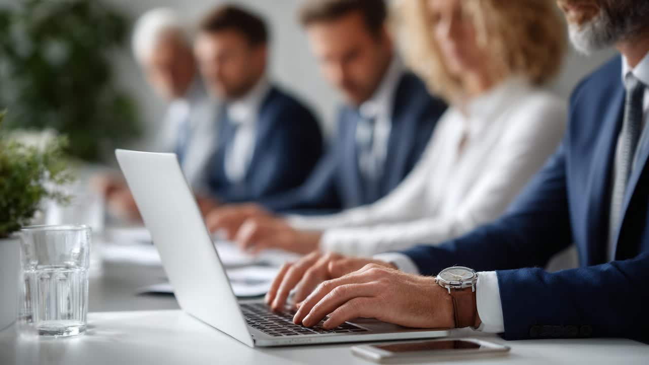 Professional Team Collaborating in an Office Environment: Focused Individuals Engaged in Important Discussions or Presentations with Laptops and Notepads Ready for Action