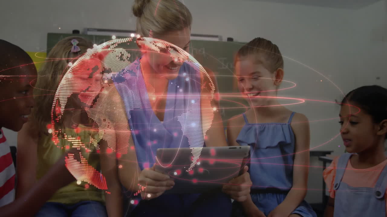 Teacher and children using tablet with digital globe animation overlay