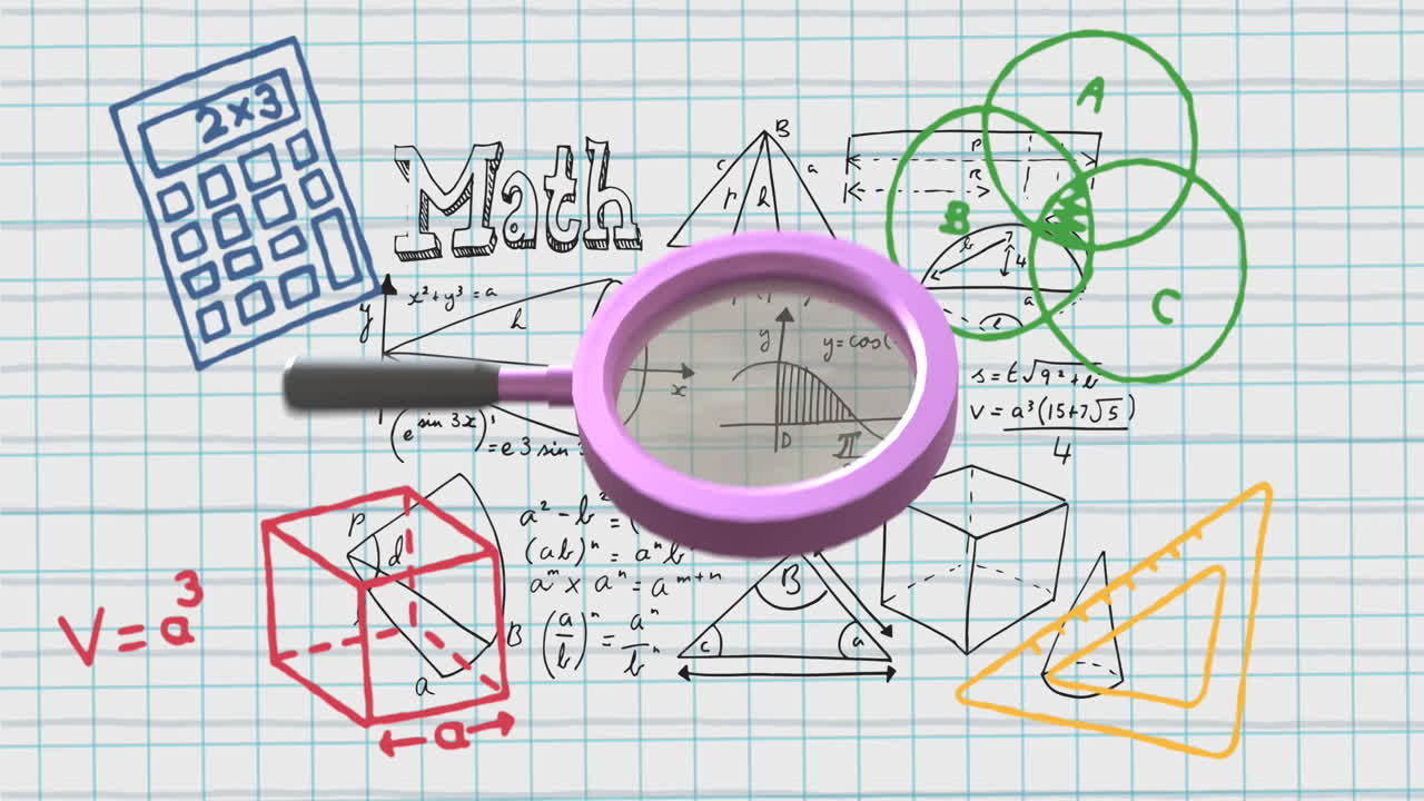Animation of magnifying glass over mathematical data processing