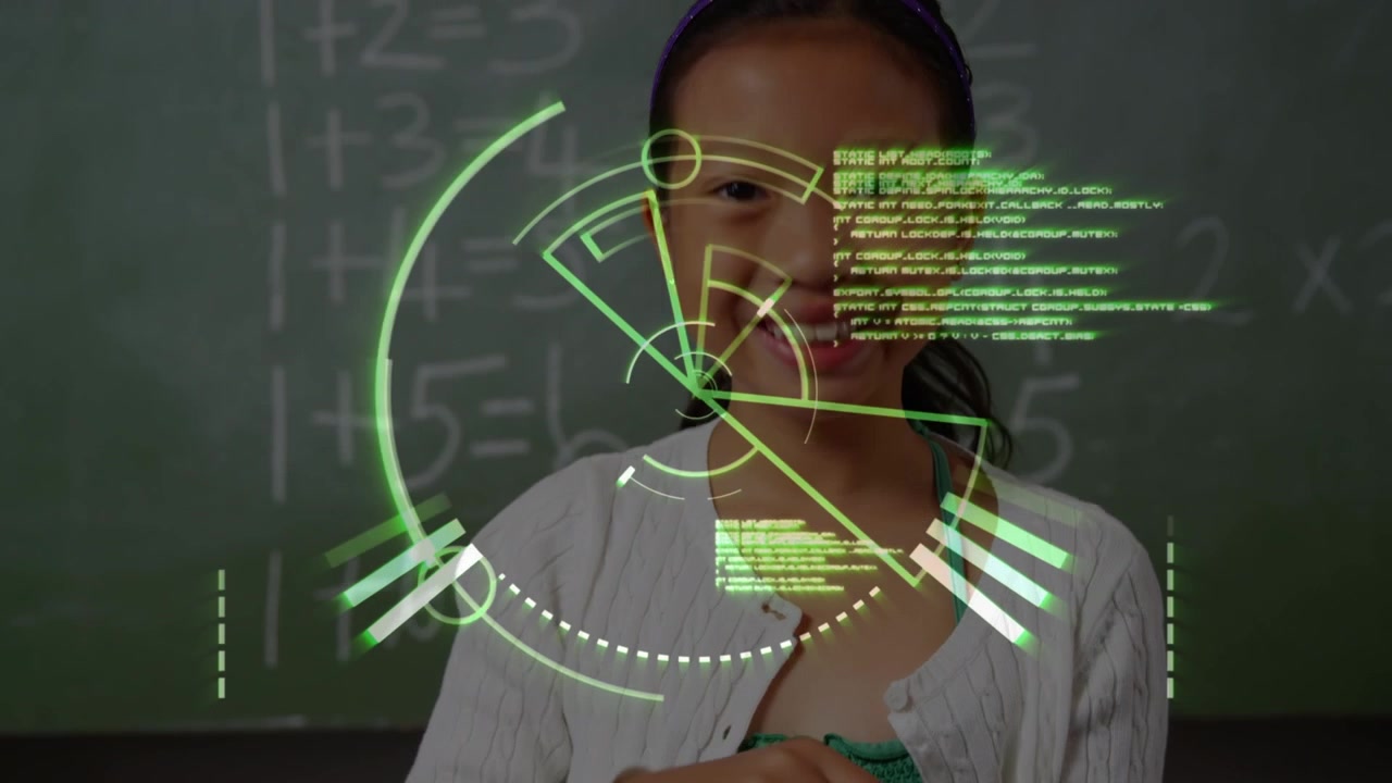 Animation of data processing over asian girl typing using tablet at school