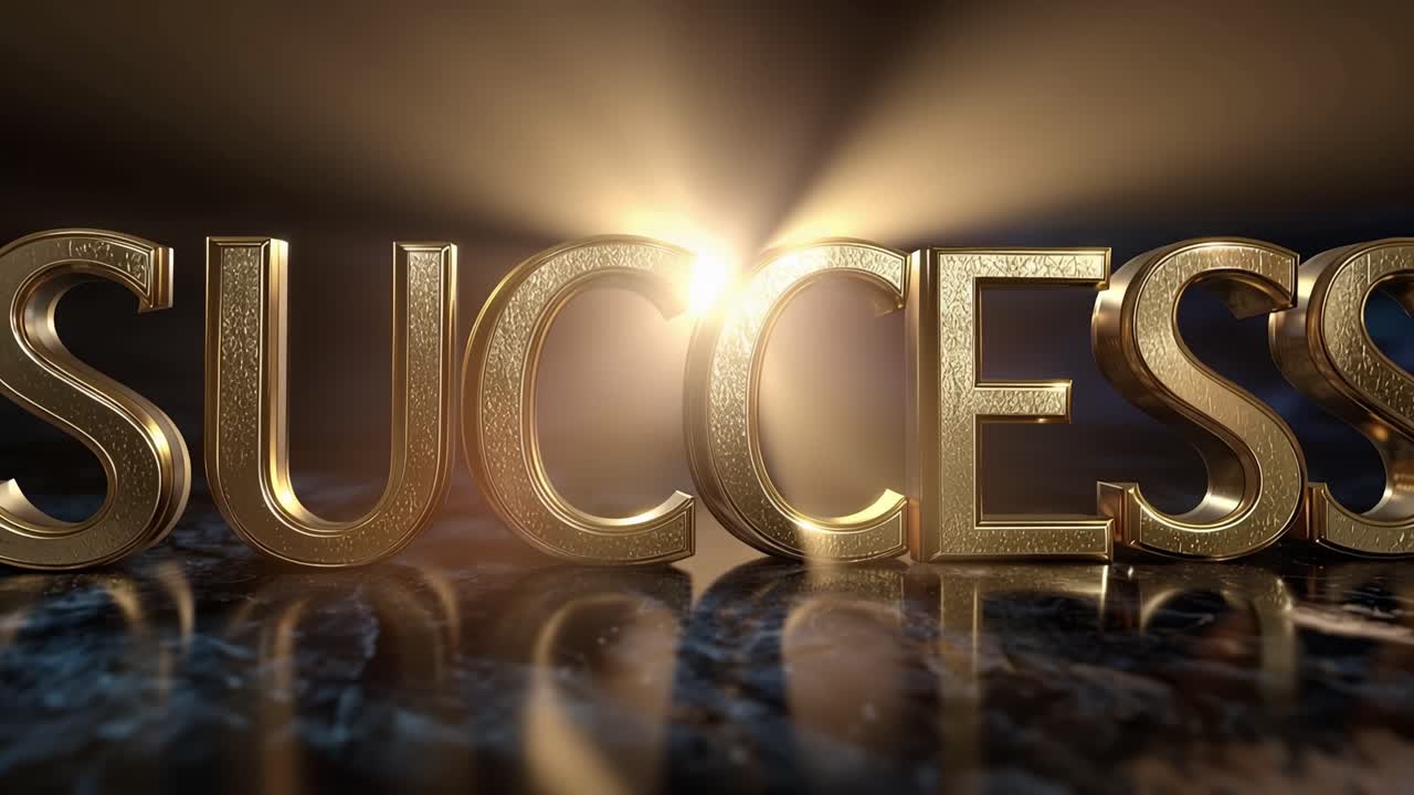 Golden word "SUCCESS" glows above dark surface. Light bursts behind letters, casting radiant reflection. Surface mirrors shine, enhancing word's bold presence