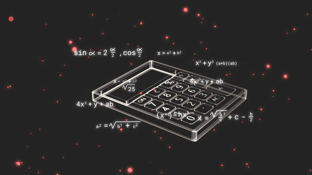 Animation of calculator icon and mathematical equations over red spots on black background