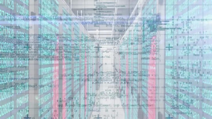 Scan initiating code scrolling over racks, camera drifting forward via grid lines scanning data