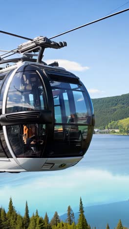 a modern cable car gliding over a serene lake surrounded by green trees