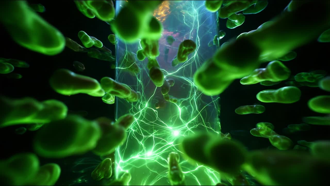 A Fascinating Close-up of Green Microbial Life Forms Surrounding a Luminous Energy Source in an Abstract, Futuristic Environment Creating a Dynamic and Intriguing Visual Experience