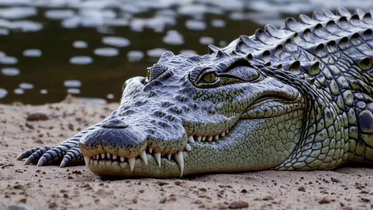 cocodrilo descansando en la arena junto al río