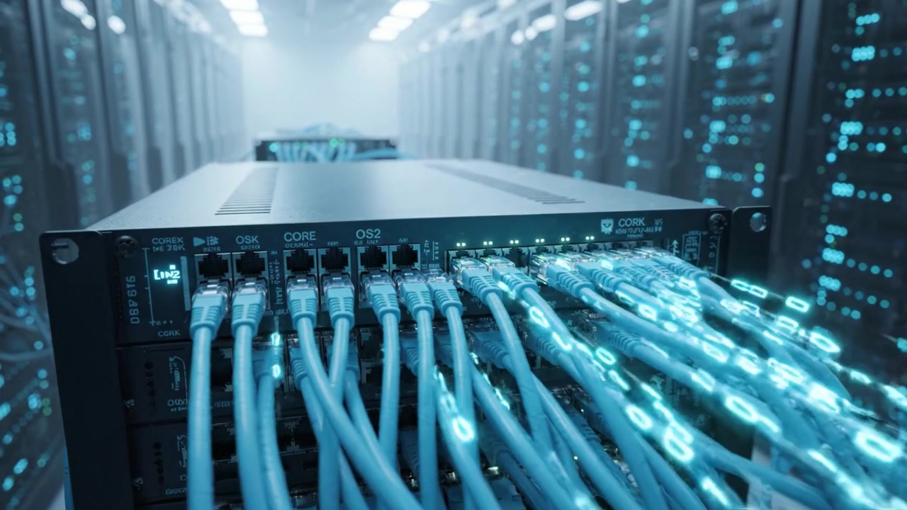 Advanced Data Center Networks: A Close-Up View of Server Equipment and Cable Management in a High-Tech Digital Environment
