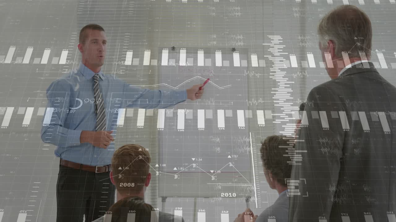 Male presenter pointing marker flipchart, causing graphs, senior mgr rising with mic explaining ROI