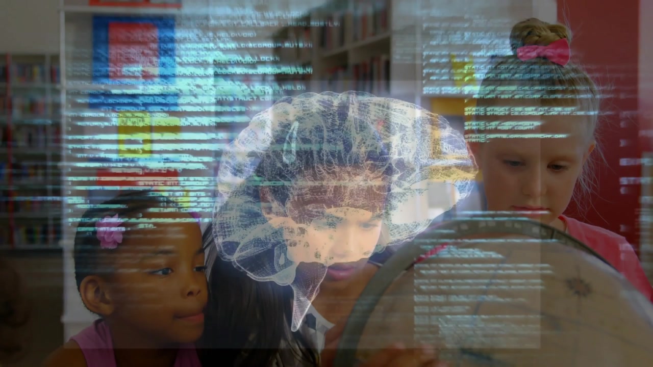 Girl rotating globe on table and revealing brain hologram above with scrolling code for education