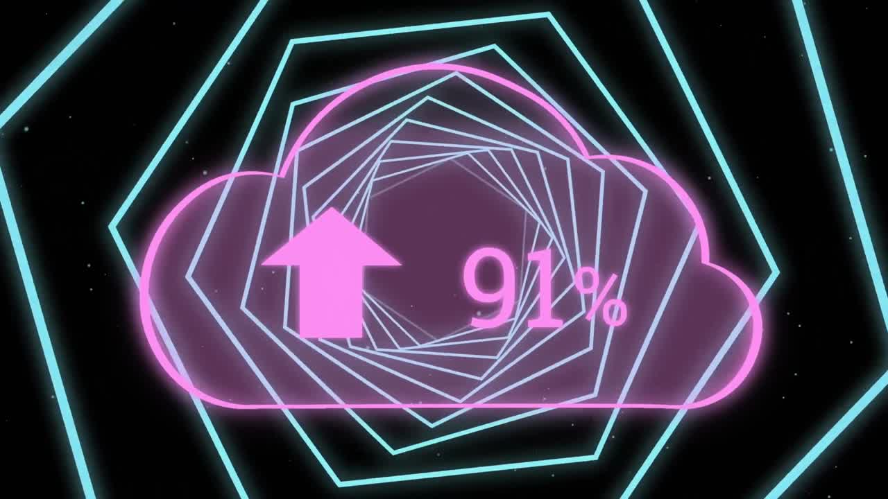 네온 육각형 위에 점점 더 많은 수를 가진 구름의 애니메이션