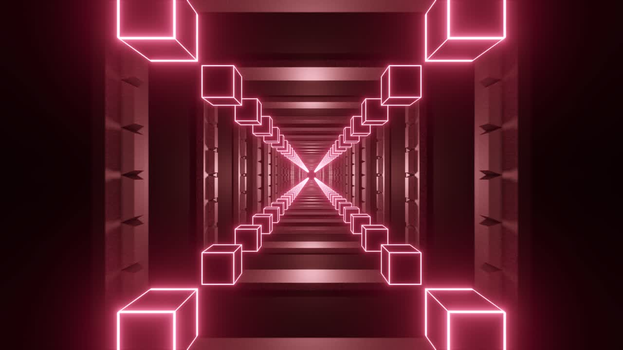 3D render of glowing red cubes tunnel design