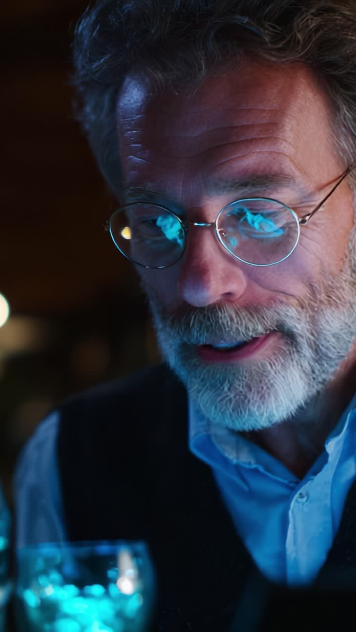 Un hombre pensativo con gafas observa atentamente unas brillantes copas en un entorno con poca luz, lo que refleja pensamientos profundos o recuerdos en una atmósfera cautivadora.