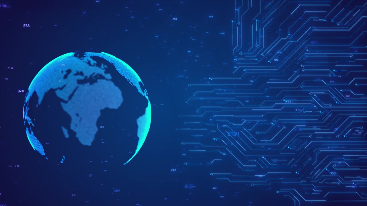Rotating digital globe icon alongside glowing circuit data grid creates futuristic tech visual