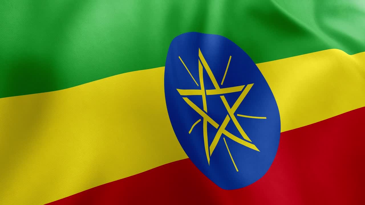 Realistic waving flag of Ethiopia, green, yellow, red stripes, central emblem with star. Horn of Africa nation symbol, Addis Ababa, patriotism