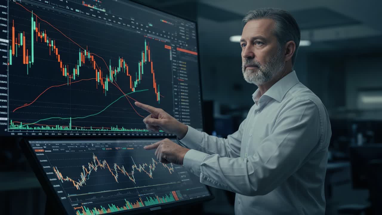 A Professional Trader Analyzing Market Trends on Graphical Data Screen with Financial Charts and Candlestick Patterns in a Modern Trading Environment