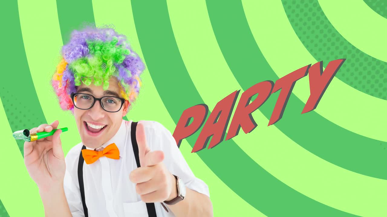 파티 옷을 입은 백인 남자와 함께 파티 텍스트의 애니메이션