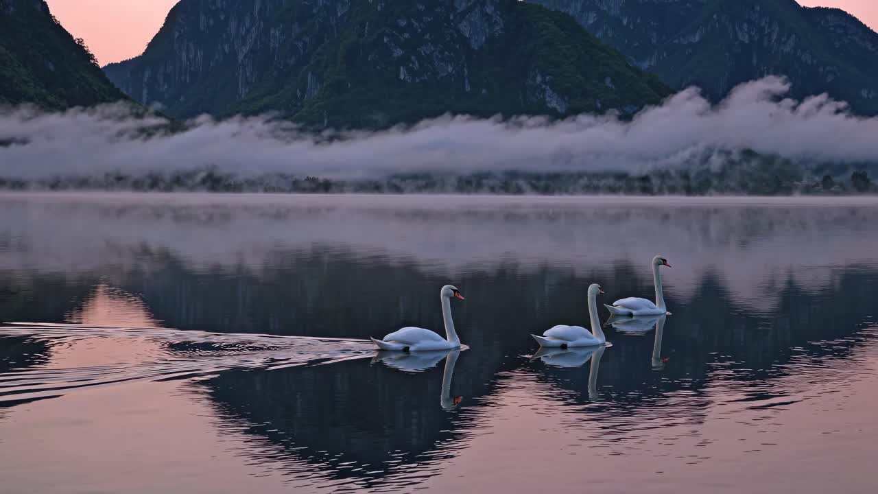 Serene video scene of swans gliding on a misty lake at dawn, with mountains in the background