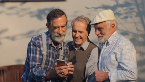 Ältere-Männliche-Freunde-Im-Ruhestand-Stehen-Im-Freien-Und-Sehen-Sich-Online-Etwas-Auf-Dem-Smartphone-Bildschirm-An