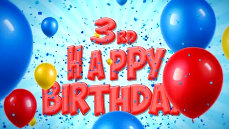 3o feliz cumpleaños texto rojo aparece en confeti popper explosiones cayendo y partículas de brillo, coloridos globos voladores animación de bucle sin fisuras para deseos saludos, fiesta, invitación, tarjeta.