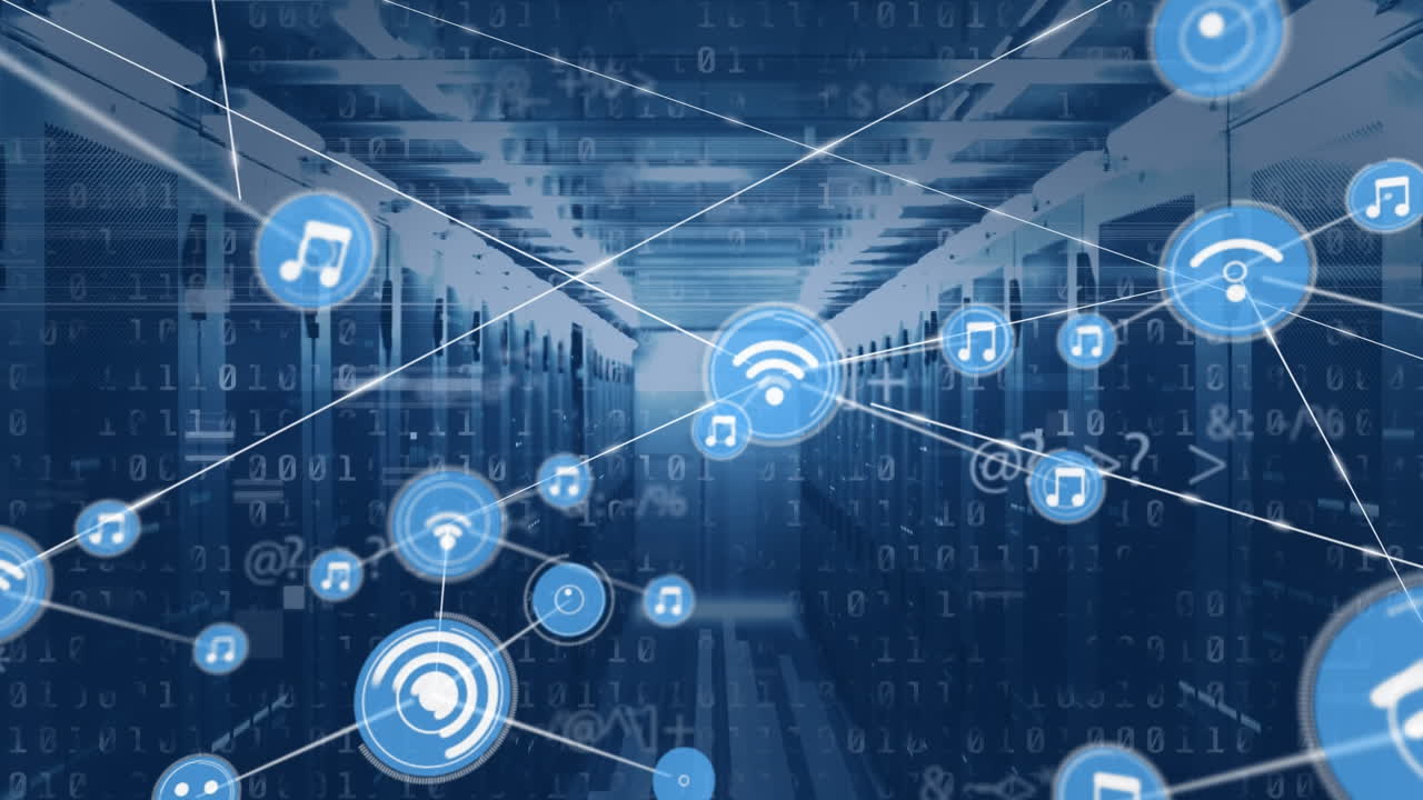 Animation of networks of connections with icons and binary coding over computer servers