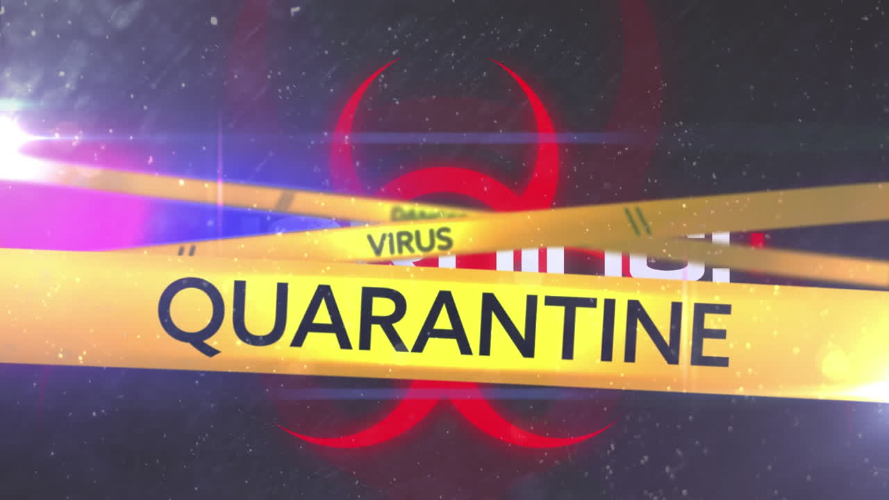 테이프에 코로나 19 긴급 텍스트의 애니메이션과 파란색 배경에 있는 생물 위험 상징