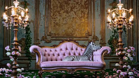 zebra relaxing on a pink sofa in an ornate interior