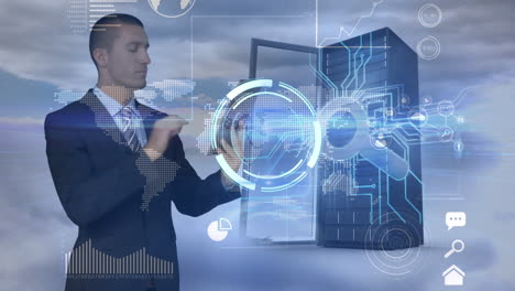 animation of caucasian businessman using tablet, data processing and server over clouds