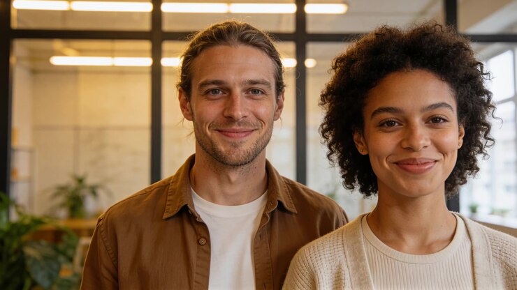 Coppia sorridente con camicia marrone e maglione chiaro che risponde al segnale della telecamera, posando in ufficio vicino a una parete di vetro.