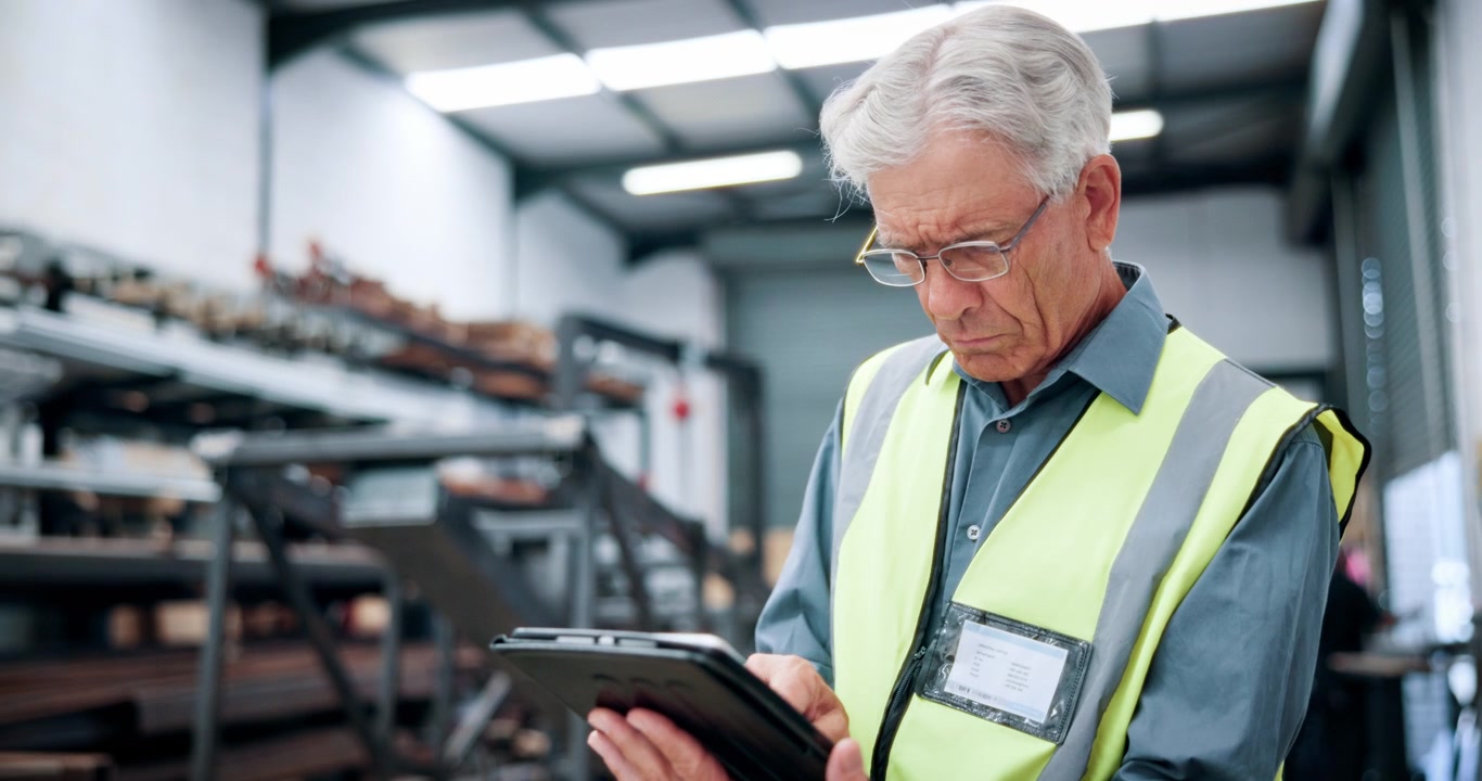 Senior Warehouse Manager Using Digital Tablet for Inventory Management