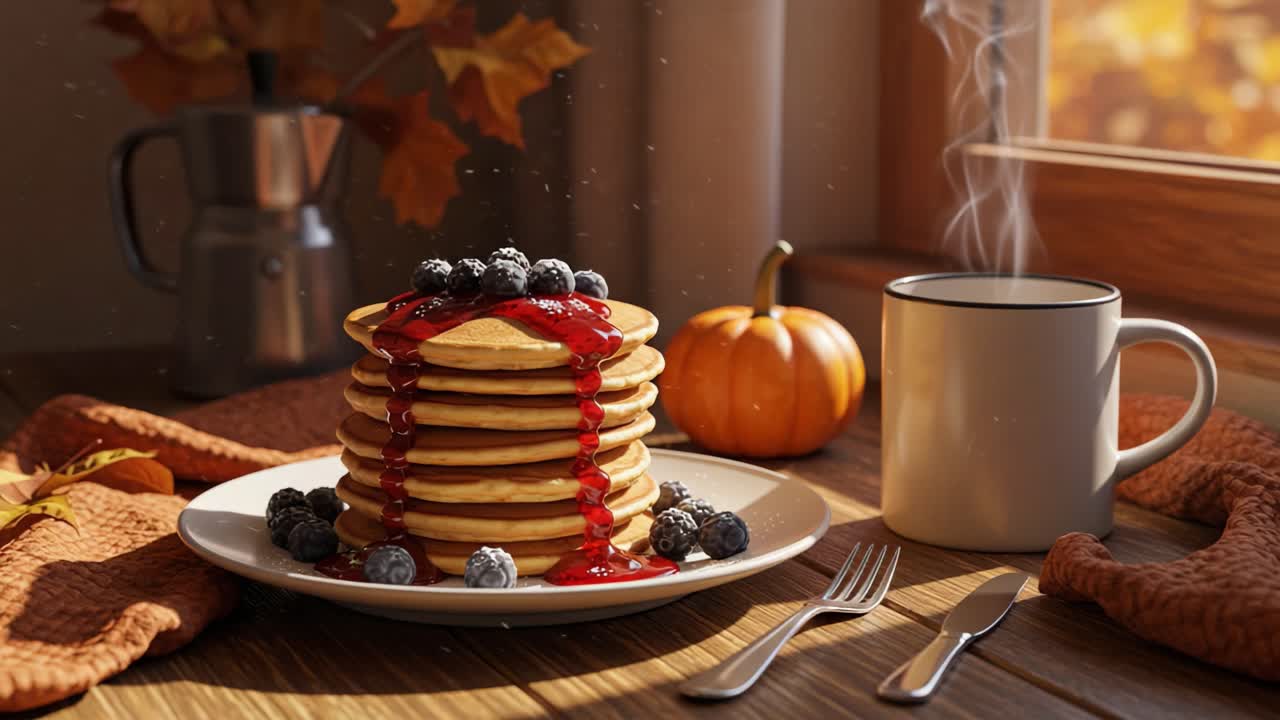 Autumn Breakfast Scene with Pancakes, Berries, and Hot Drink