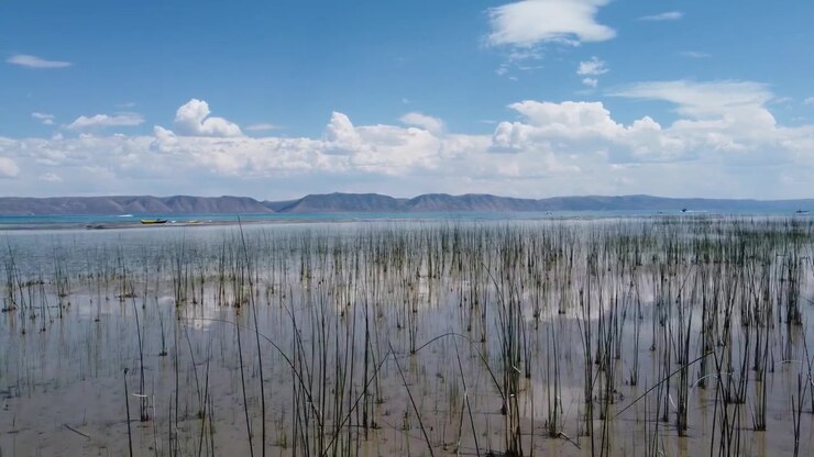 The camera does a dolly forward movement as it approaches a speedboat. The horizon shows the strong mountain range on the other side of the lake under some clouds