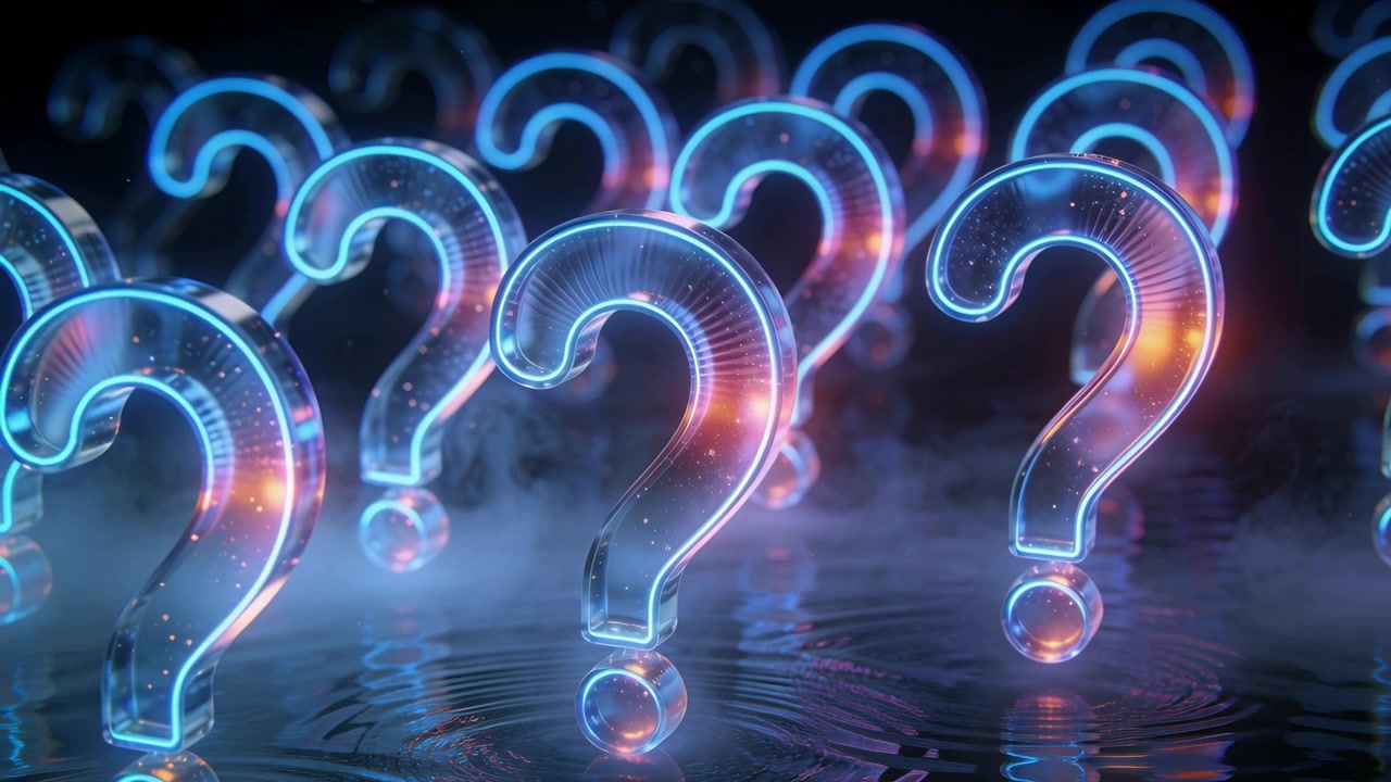 Loop che inizia con punto interrogativo in primo piano pulsante, increspature su specchio d'acqua riflettente sotto nebbia bassa, loop al neon