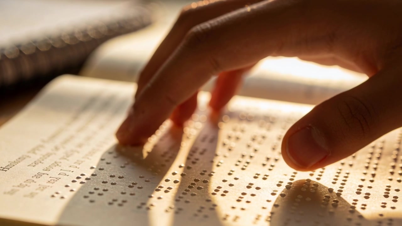 Gliding right hand entering upper right, tracing Braille dots on desk, blurred notebook