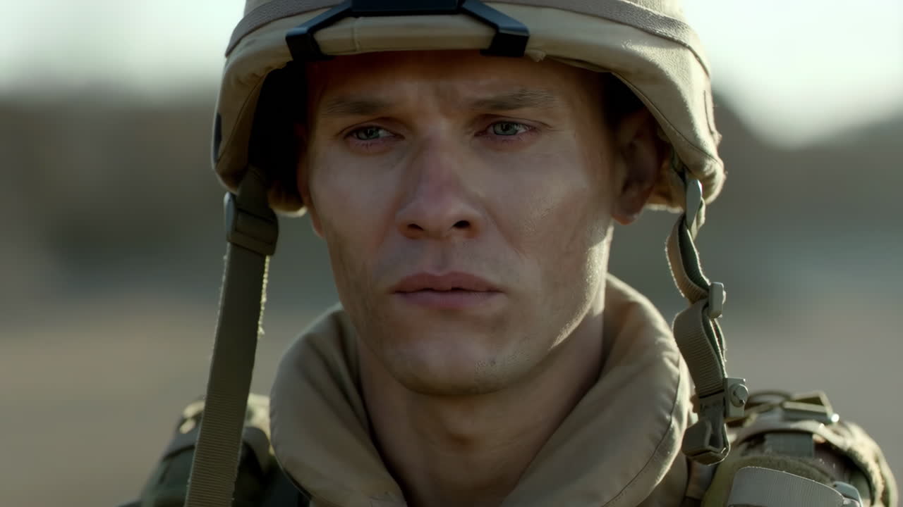 Close-up Portrait of a Distressed Soldier