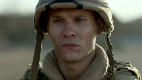 close-up portrait of a distressed soldier