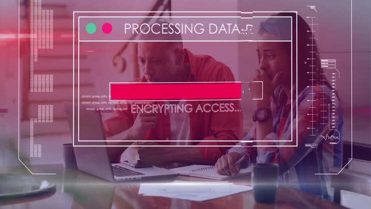 Animation of data processing over diverse business people in office