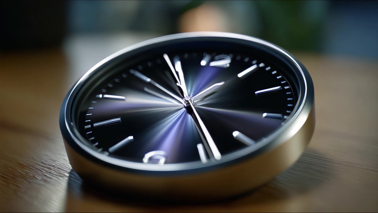 Primer plano de un reloj de escritorio moderno con un diseño elegante y una esfera intrincada que muestra un movimiento único de las agujas de hora y minuto para una medición del tiempo sofisticada.