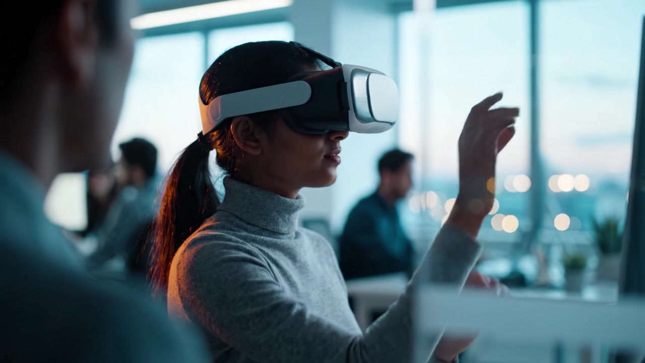 A woman immersed in a virtual reality experience, wearing a VR headset, engages with digital content in a modern workspace during a vibrant sunset backdrop.