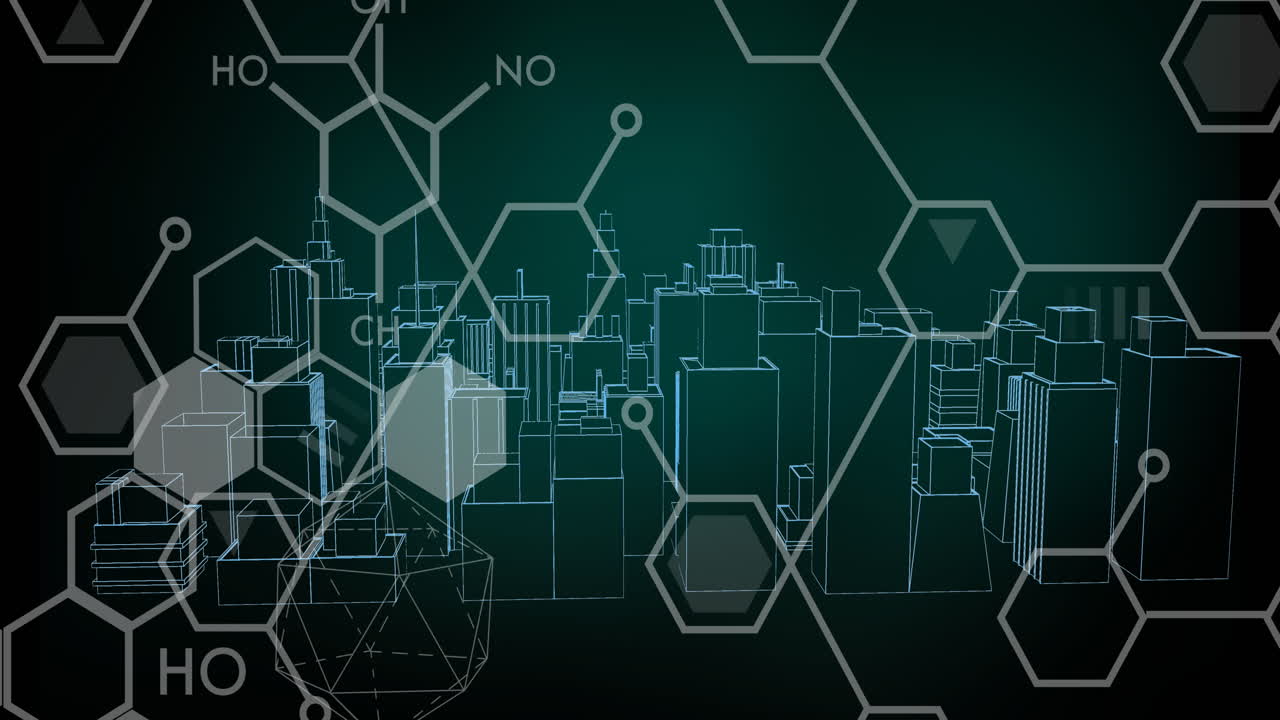 검은 바탕에 디지털 도시 위의 화학 공식의 애니메이션