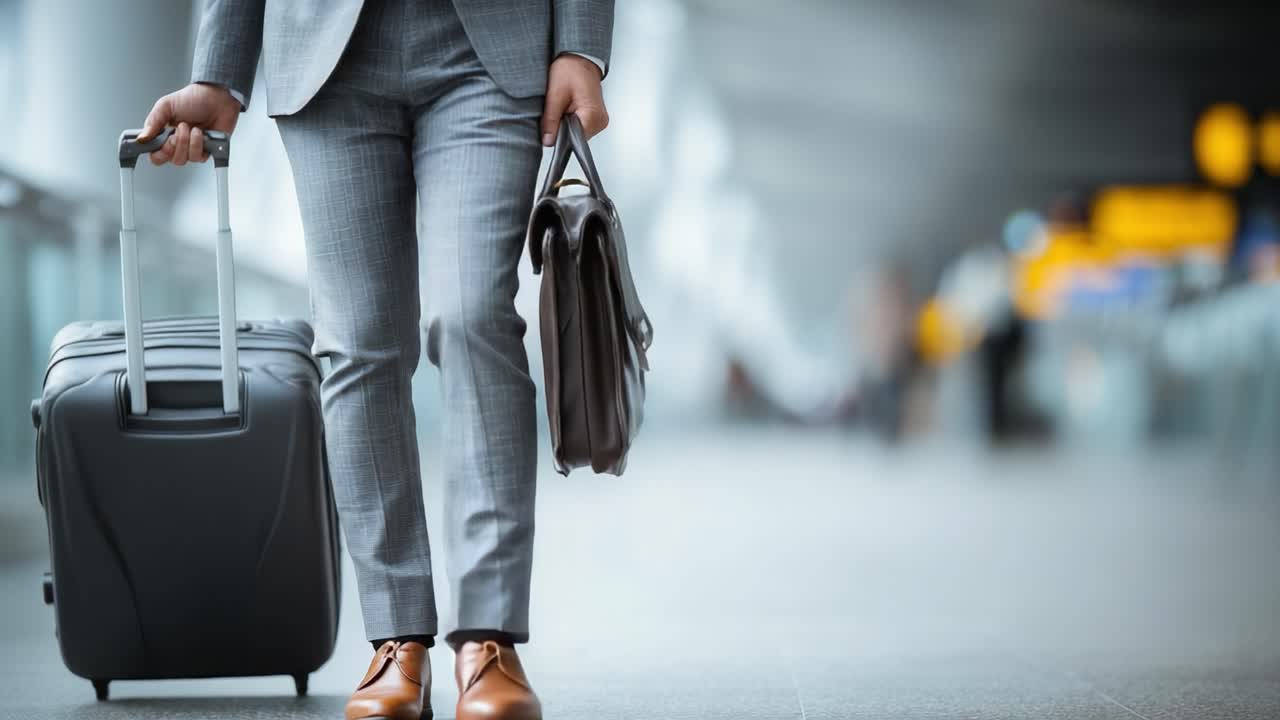 A Business Traveler in Motion: Capturing the Essence of Modern Professional Travel with Luggage and Briefcase in a Busy Airport Environment