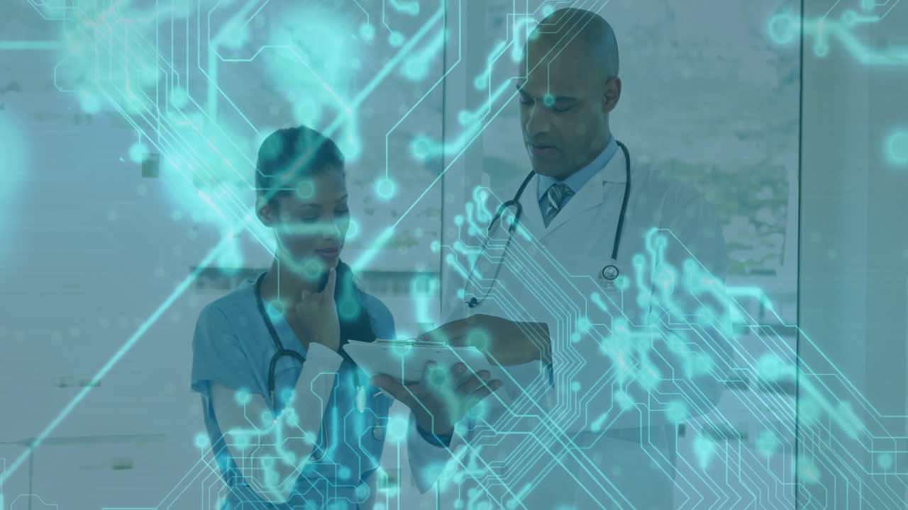 Doctor and nurse examining clipboard in modern medical office, featuring teal circuit overlay