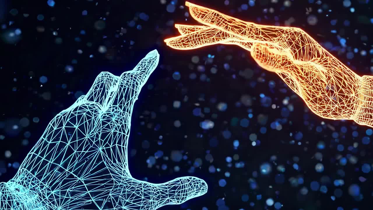 Digital wireframe hands reaching out, glowing in blue and orange