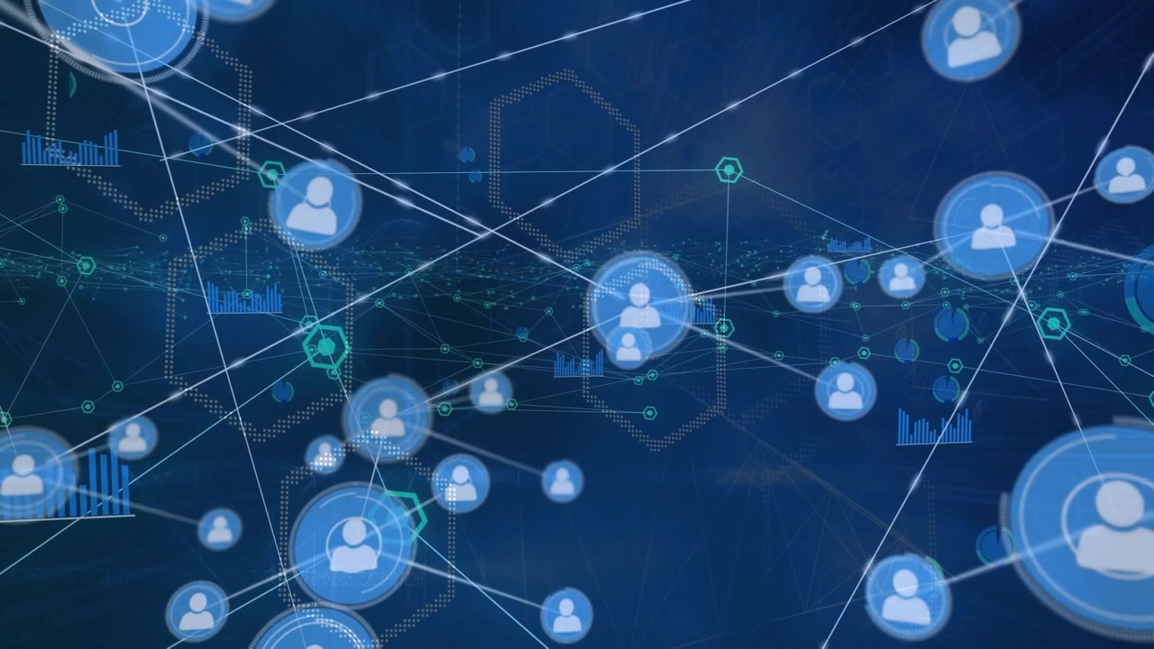 Animation of network of connections with icons over shapes on blue background