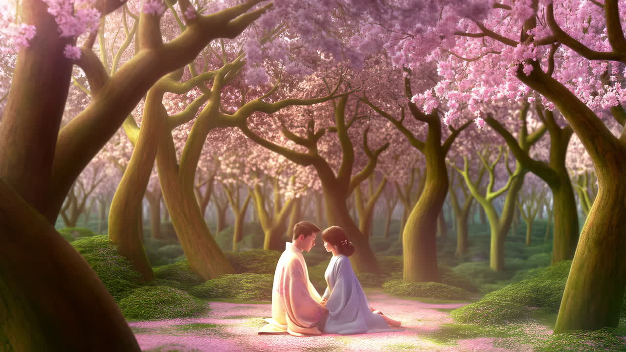 Romantic Scene in a Cherry Blossom Grove