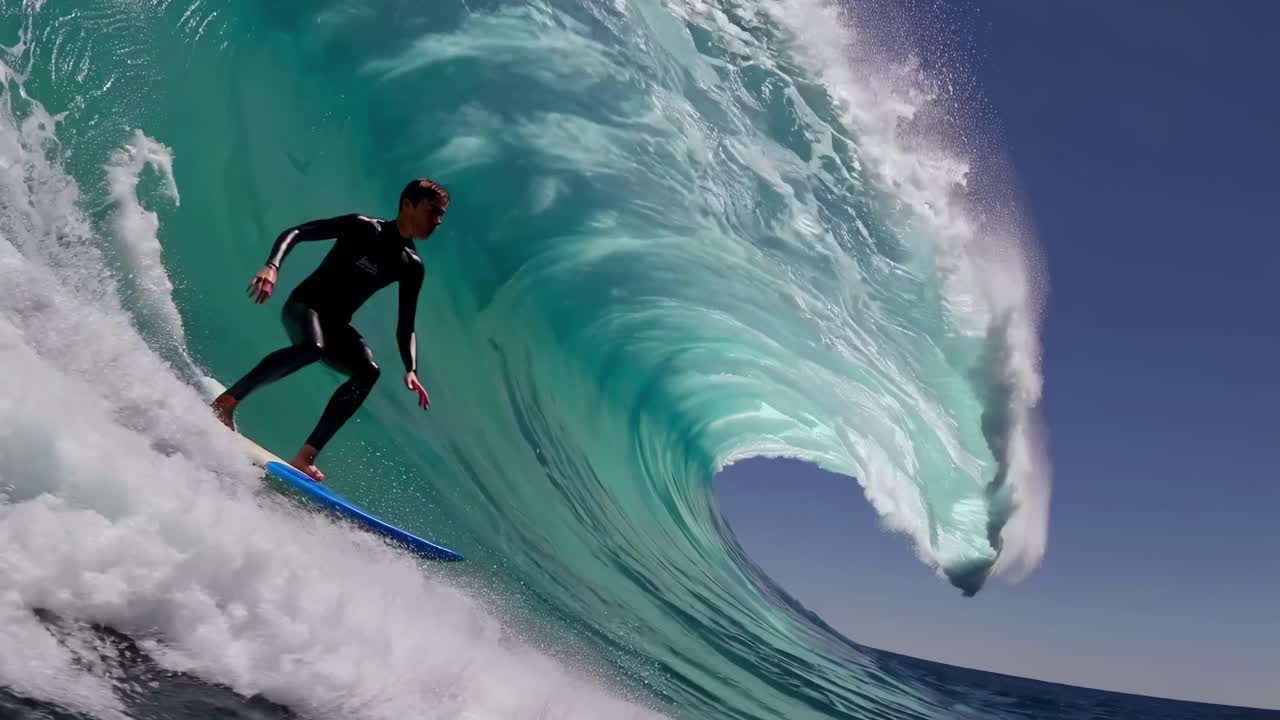 Fotogramma video dinamico di un surfista che cavalca un'onda gigantesca, catturato da una prospettiva dal basso
