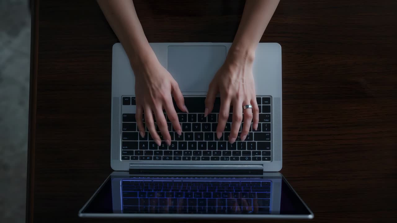 Mani sulla tastiera del portatile mentre digita costantemente alla scrivania, mostrando gli avambracci e l'anello