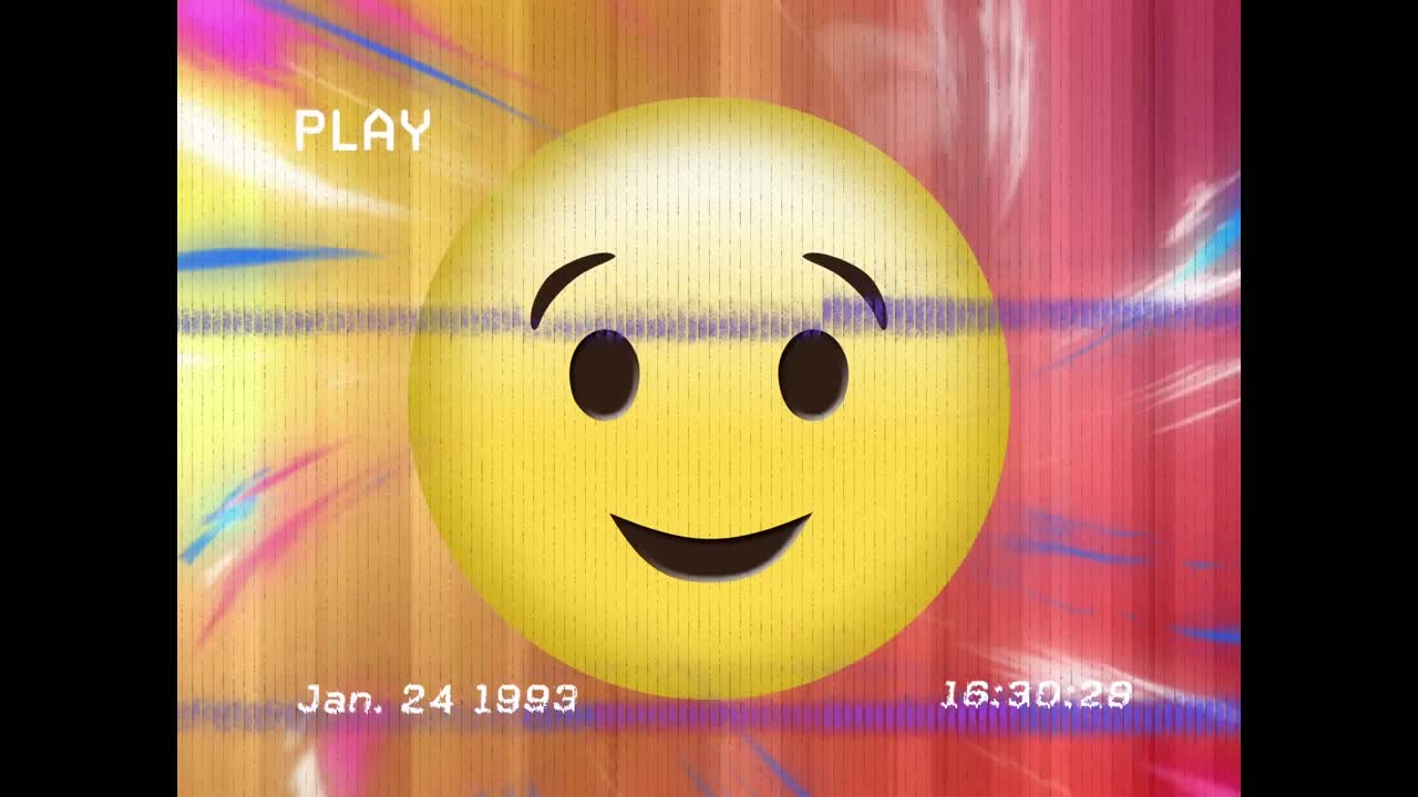 그래디언트 배경의 디지털 파도에 맞춰 눈을  ⁇ 이는 얼굴 이모티콘에 대한 vhs 오류 효과