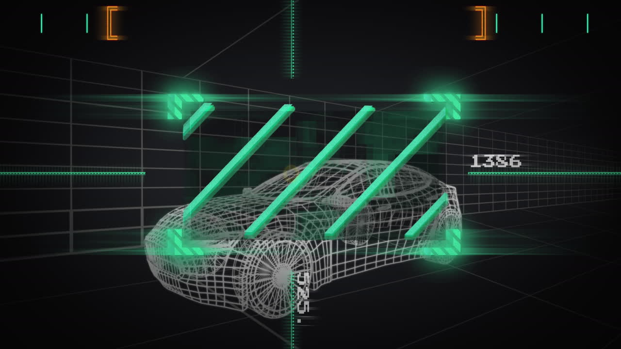 Animation of grid patterned 3d car with lines in viewfinder and changing numbers on black background